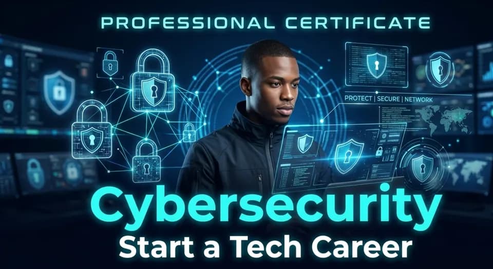 Cybersecurity training cover with a young professional and digital security visuals